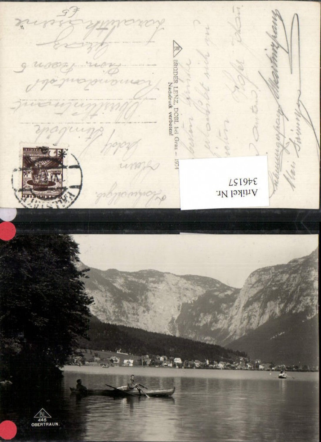 346157,Blick auf Obertraun Teilansicht See Ruderboot Bergkulisse