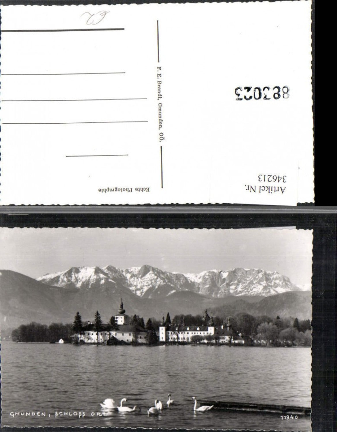 346213,Gmunden Schloss Ort Orth Bergkulisse Schwäne