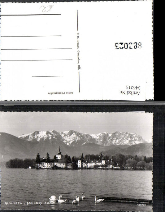 346213,Gmunden Schloss Ort Orth Bergkulisse Schwäne