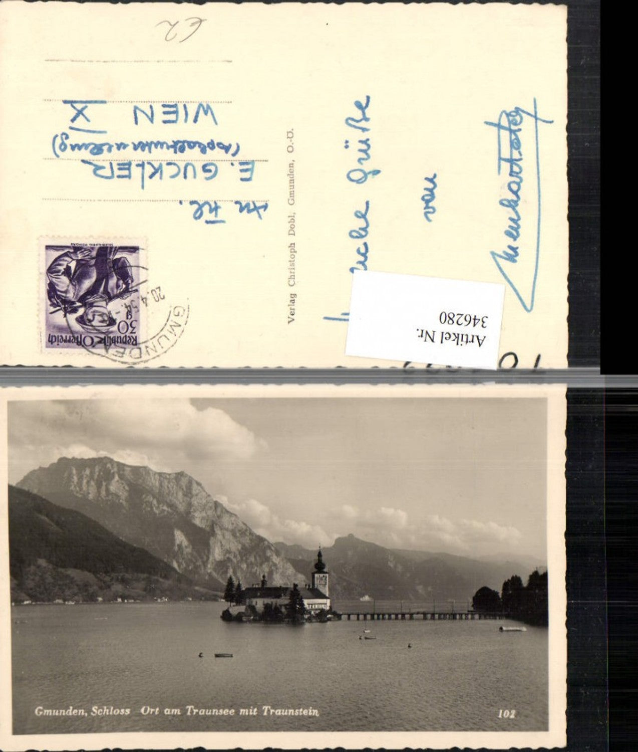 346280,Gmunden Schloss Ort Orth am Traunsee m. Traunstein Bergkulisse