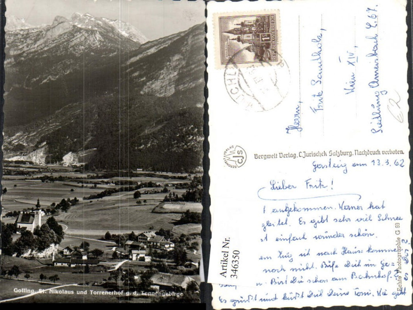 346350, Golling St. Nikolaus and Torrenerhof opposite Tennengebirge mountain scenery