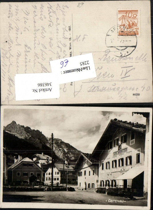 346386,Abtenau Straßenansicht Gasthof zum rothen roten Ochsen Bergkulisse