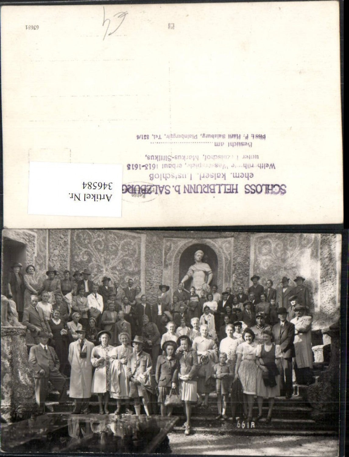 346584,Foto AK Salzburg Schloss Hellbrunn Wasserspiel Gruppenbild