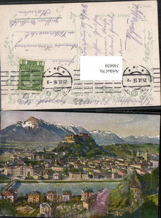 346650,Künstler AK Salzburg Totale m. Festung Bergkulisse