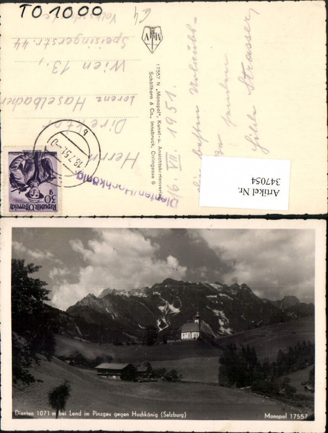 347054,Dienten b. Lend im Pinzgau Kirche geg. Hochkönig Bergkulisse