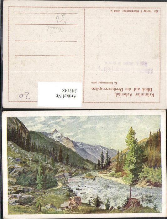 347148,Künstler AK K. Eisenmenger Krimmler Achental b. Krimml m. Dreiherrenspitze
