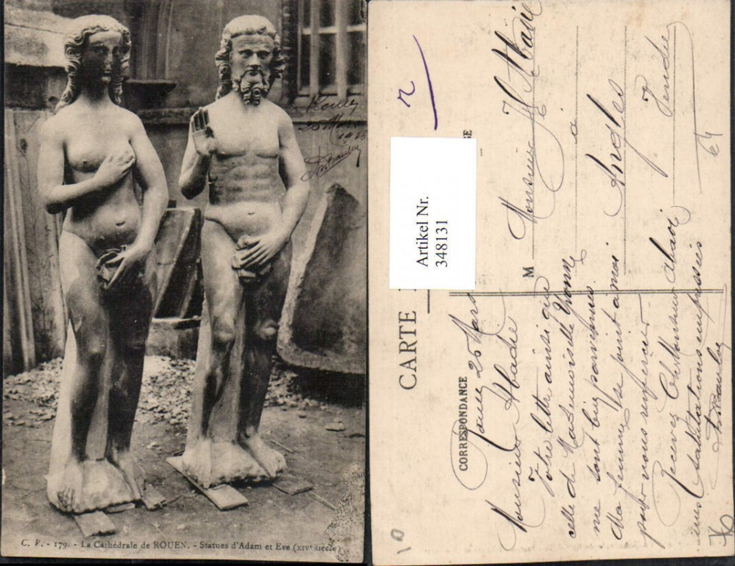 348131,Haute-Normandie Seine-Maritime Rouen Cathedrale Statues d'Adam et Eve Erotik