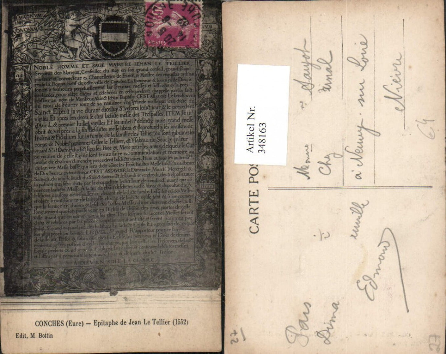 348163,Haute-Normandie Eure Conches Epitaphe de Jean Le Tellier Grabinschrift Gedenktafel