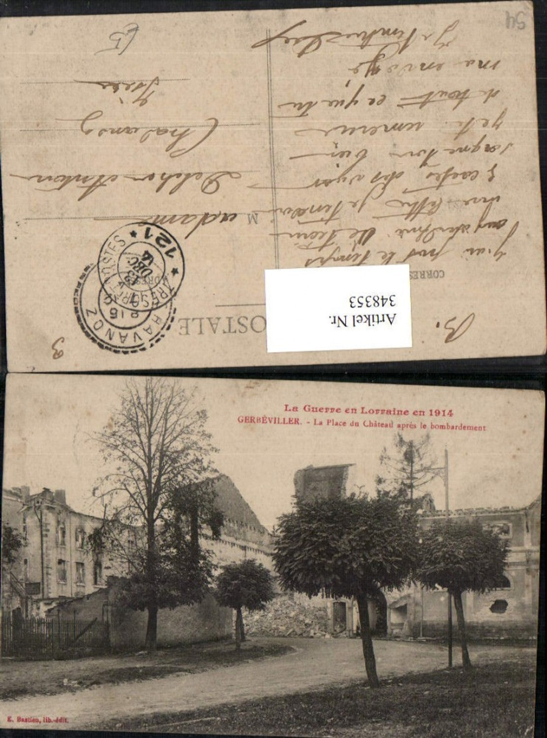 348353,Lothringen Meurthe-et-Moselle Gerbeviller La Place du Chateau apres le bombardement