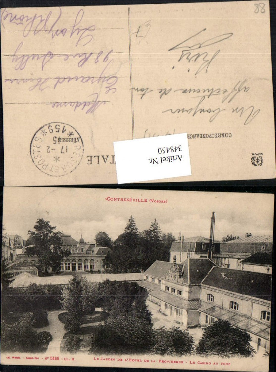 348450,Lothringen Vosges Contrexeville Le Jardin de l'Hotel de la Providence Casino au Fond