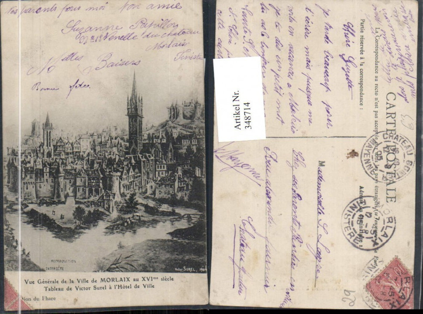 348714,Künstler AK Victor Surel Bretagne Finistere Morlaix Vue Generale Totale