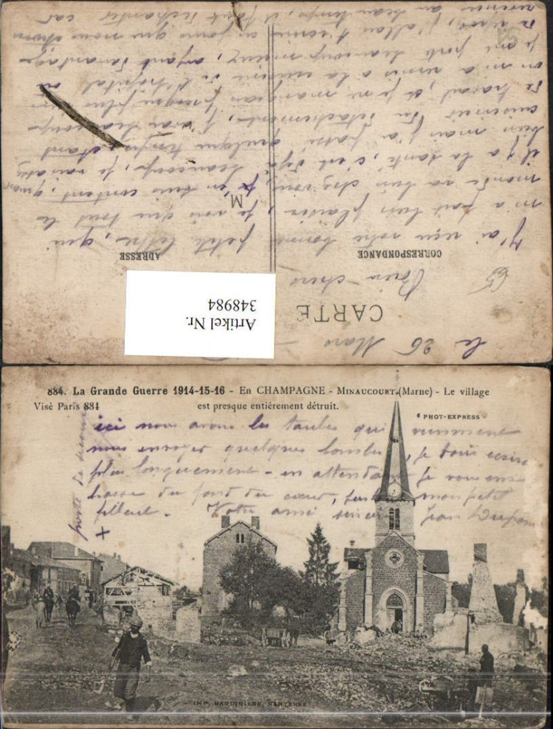 348984,Champagne-Ardenne Marne En Champagne Minaucourt Le village Zerstörung Kirche