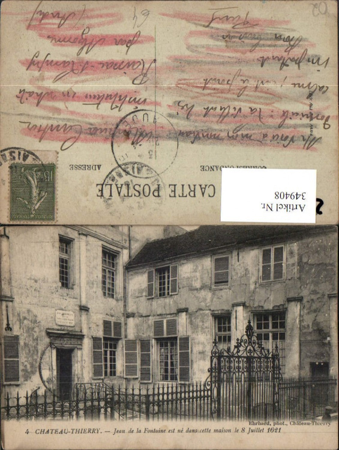 349408,Picardie Aisne Chateau-Thierry Jean de la Fontaine est ne dans cette maison