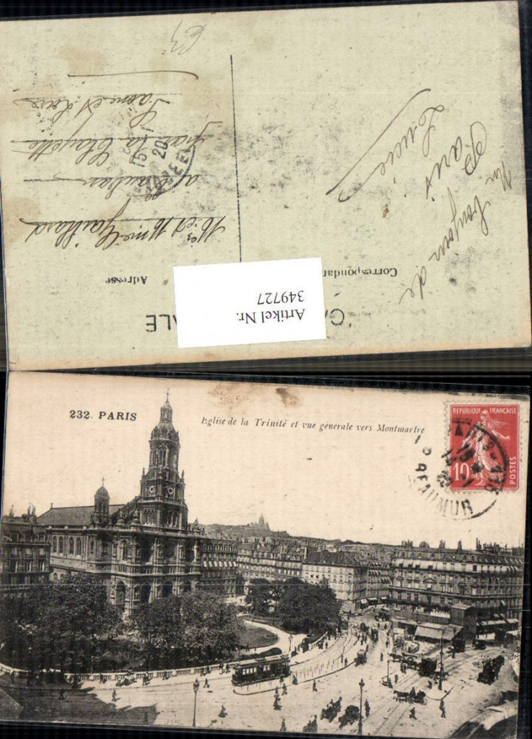 349727,Ile-de-France Paris Eglise de la Trinite et vue generale vers Montmartre Straßenbahn Kirche