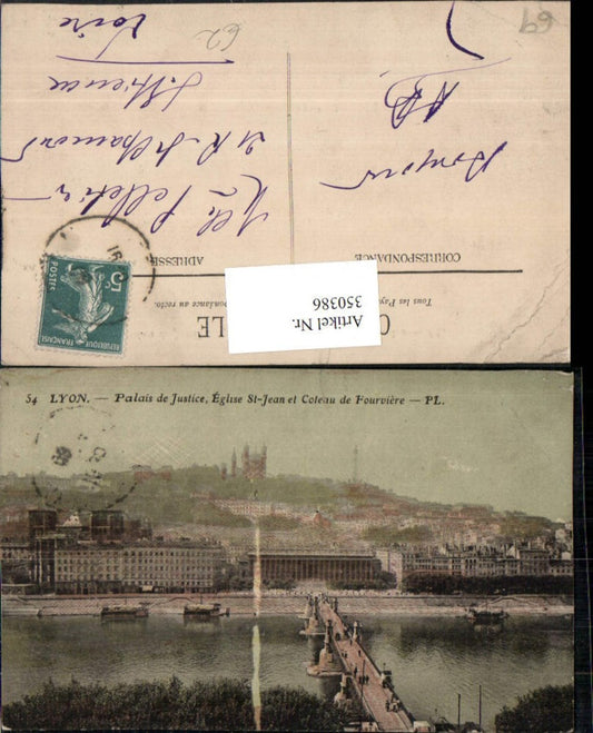 350386,Rhone-Alpes Isere Rhone Lyon Palais de Justice Eglise St-Jean et Coteau de Fourviere Brücke