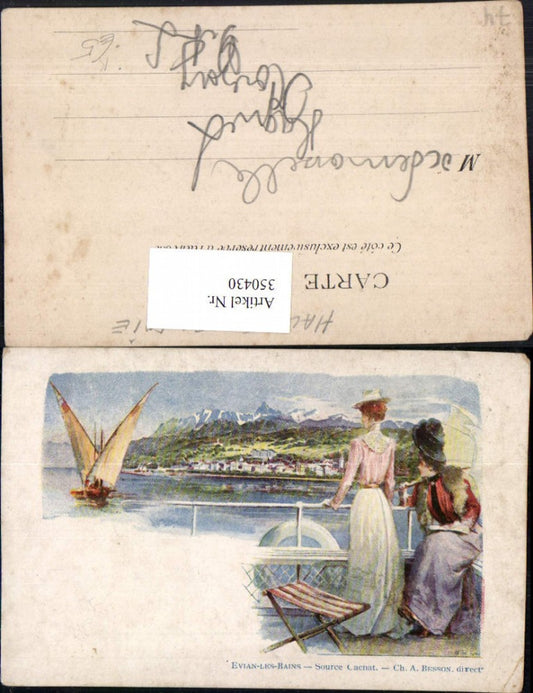 350430,Künstler AK Rhone-Alpes Isere Haute-Savoie Evian-les-Bains Source Cachat Segelboot