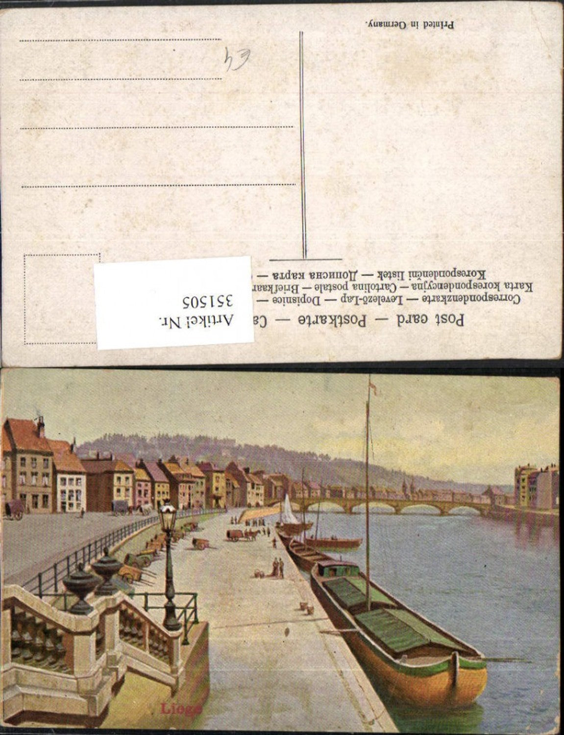351505,Künstler AK Liege Teilansicht Anlegestelle Boote Brücke