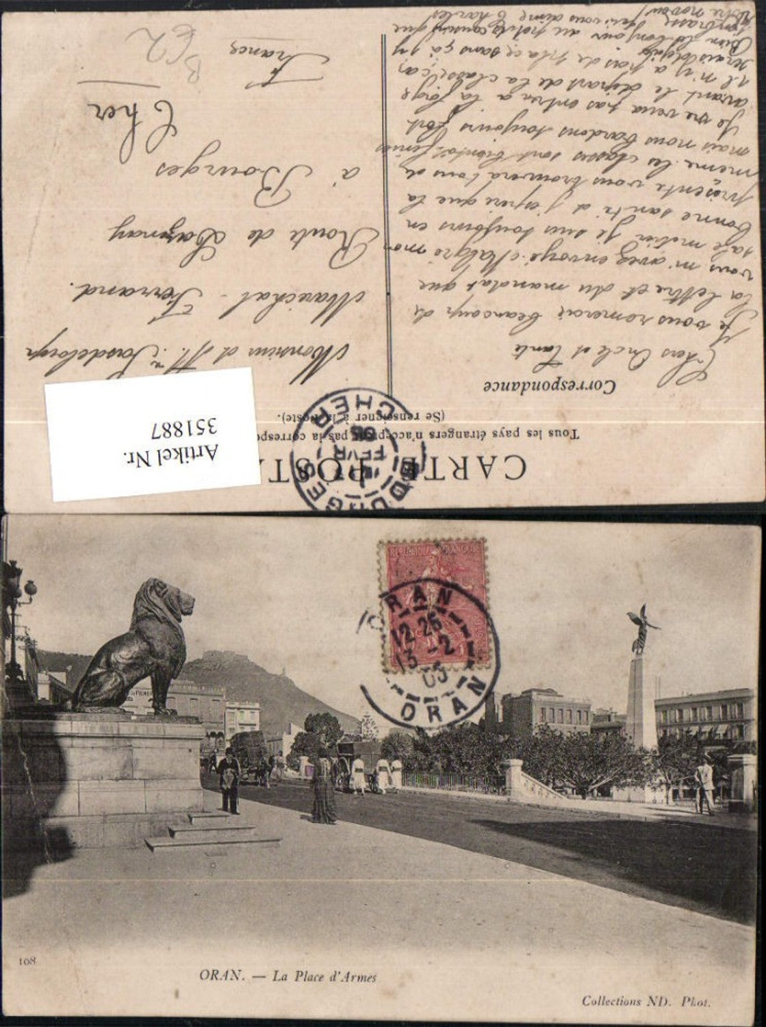 351887,Oran La Place d'Armes Straßenansicht Löwenstatue