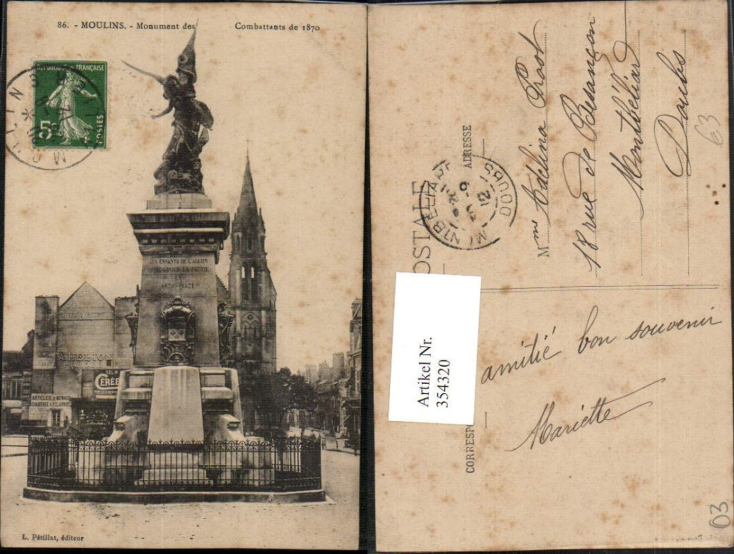 354320,Auvergne Allier Moulins Monument des Combattants 1870 Denkmal