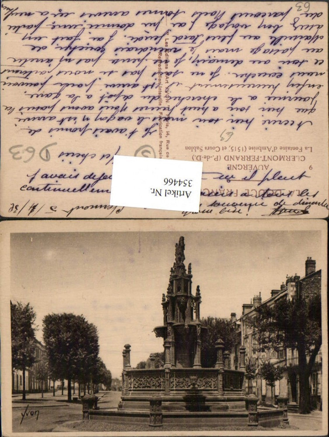 354466,Auvergne Puy-de-Dome Clermont-Ferrand La Fontaine d'Amboise et Cours Sablon fountain