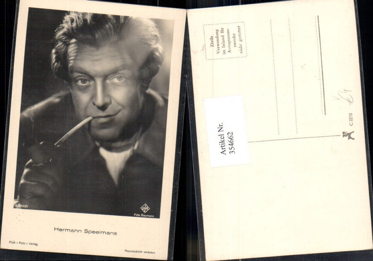 354662,Schauspieler Hermann Speelmans Rauchen Pfeife pub Film Foto Verlag A 3737/1