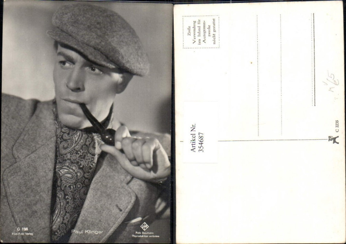 354687,Schauspieler Paul Klinger Hut Rauchen Pfeife pub Film Foto Verlag G 198