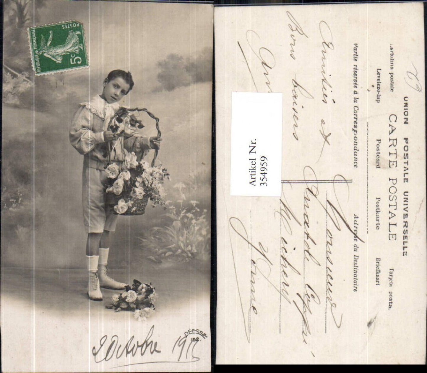 354959,Kinder in Uniform Bub Junge i. Matrosenanzug Korb m. Blumen