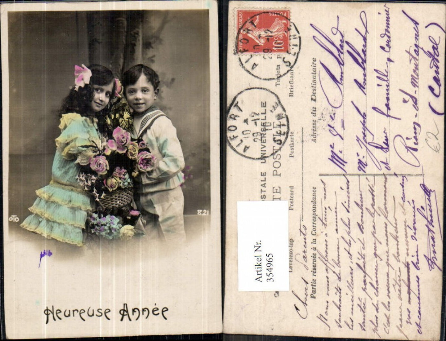 354965,Kinder in Uniform Matrosenanzug Kleid Korb m. Rosen Blumen Heureuse Annee