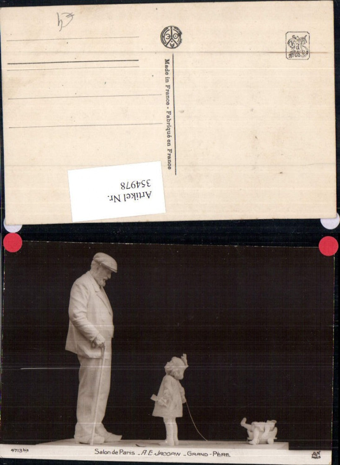 354978,Kinder Statue A. E. Jacopin Grand Pere Alter Mann m. Kind Mädchen Spielzeug Nachziehwagen Puppe
