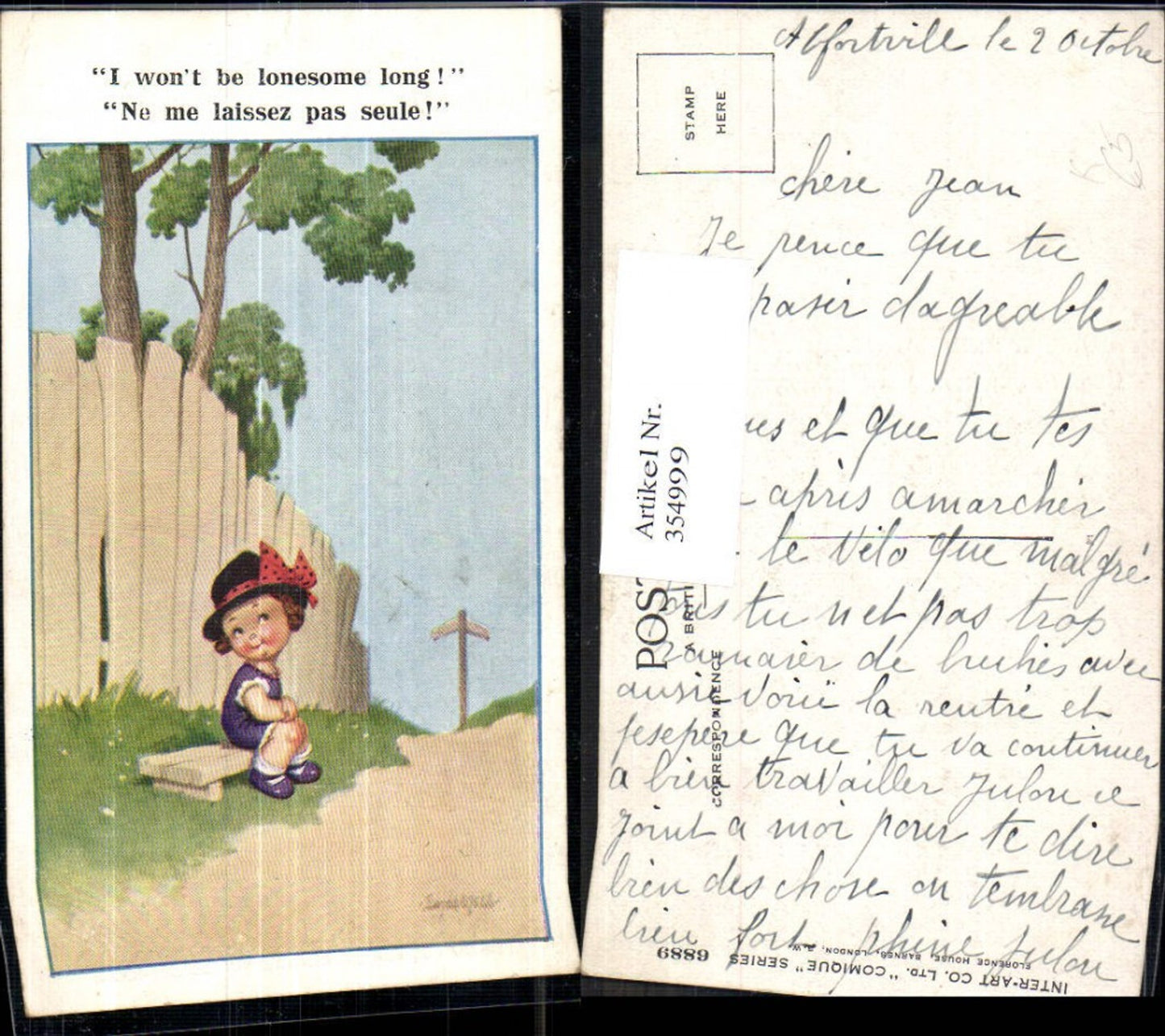354999,Künstler Ak Donald McGill Kind Mädchen a. Bank Baum Wegweiser