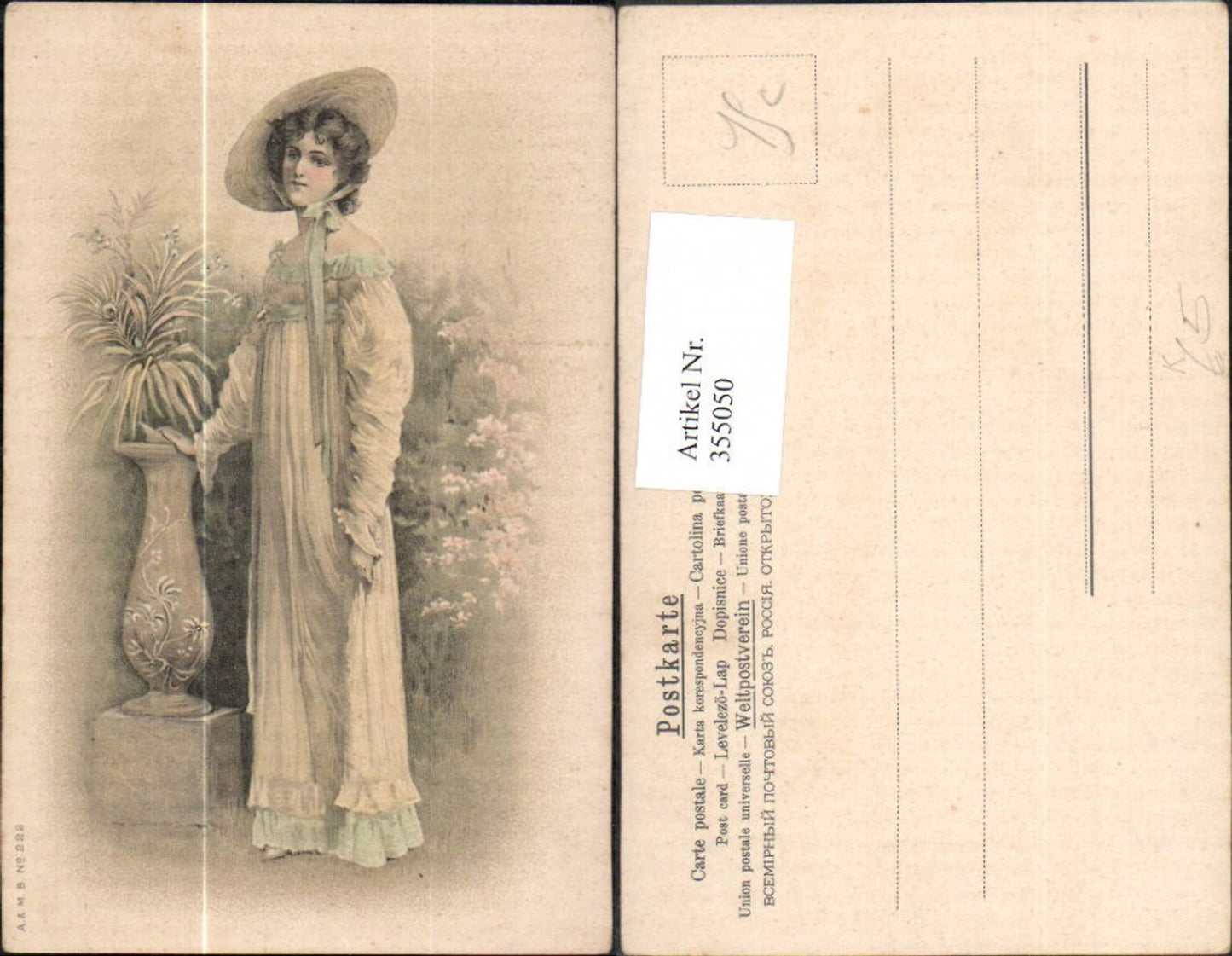 355050,Künstler Ak Frau Kleid Hut Blumen Bodenvase