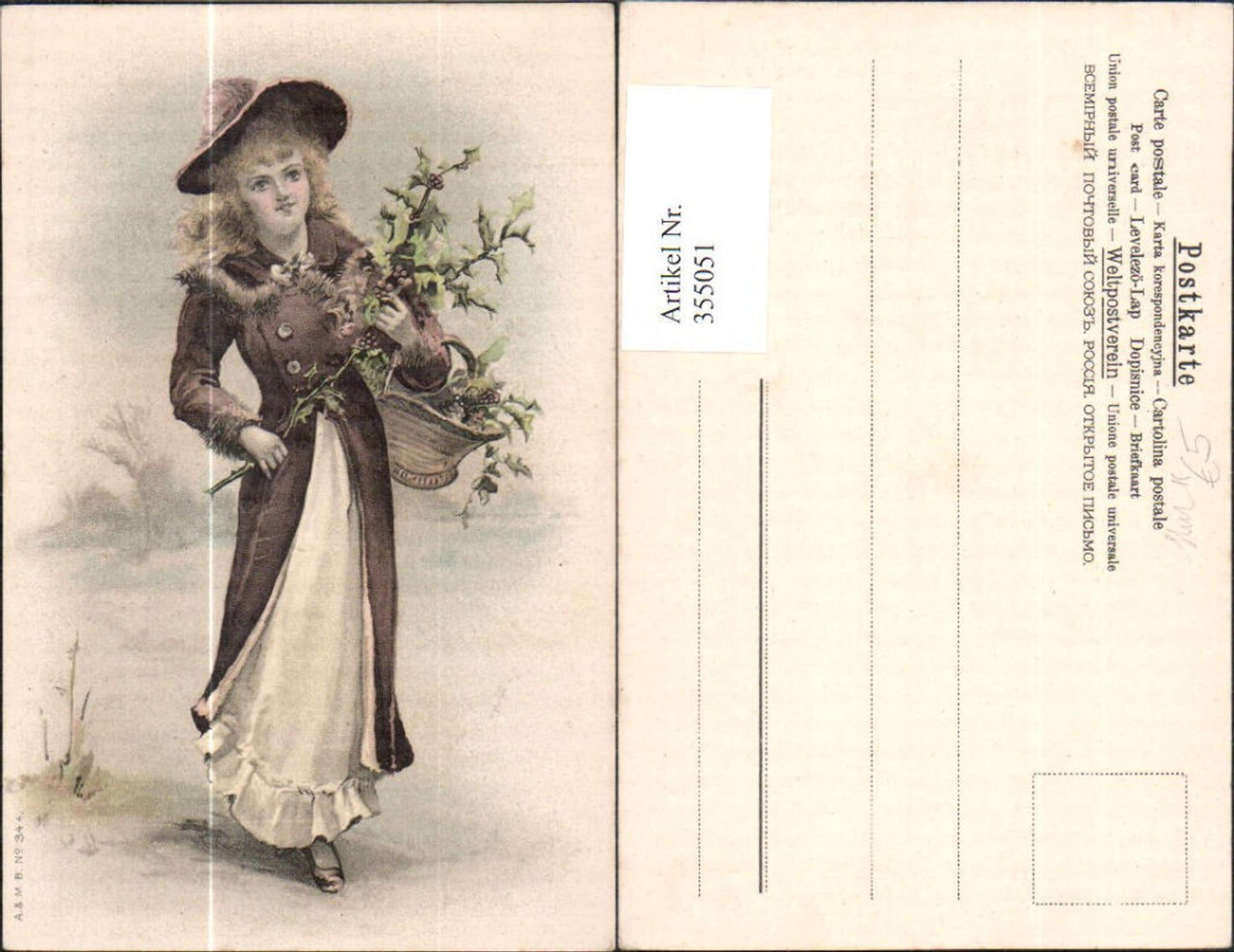 355051,Künstler Ak Frau Kleid Hut Pelzkragen a. Mantel Stechpalmenzweig Korb