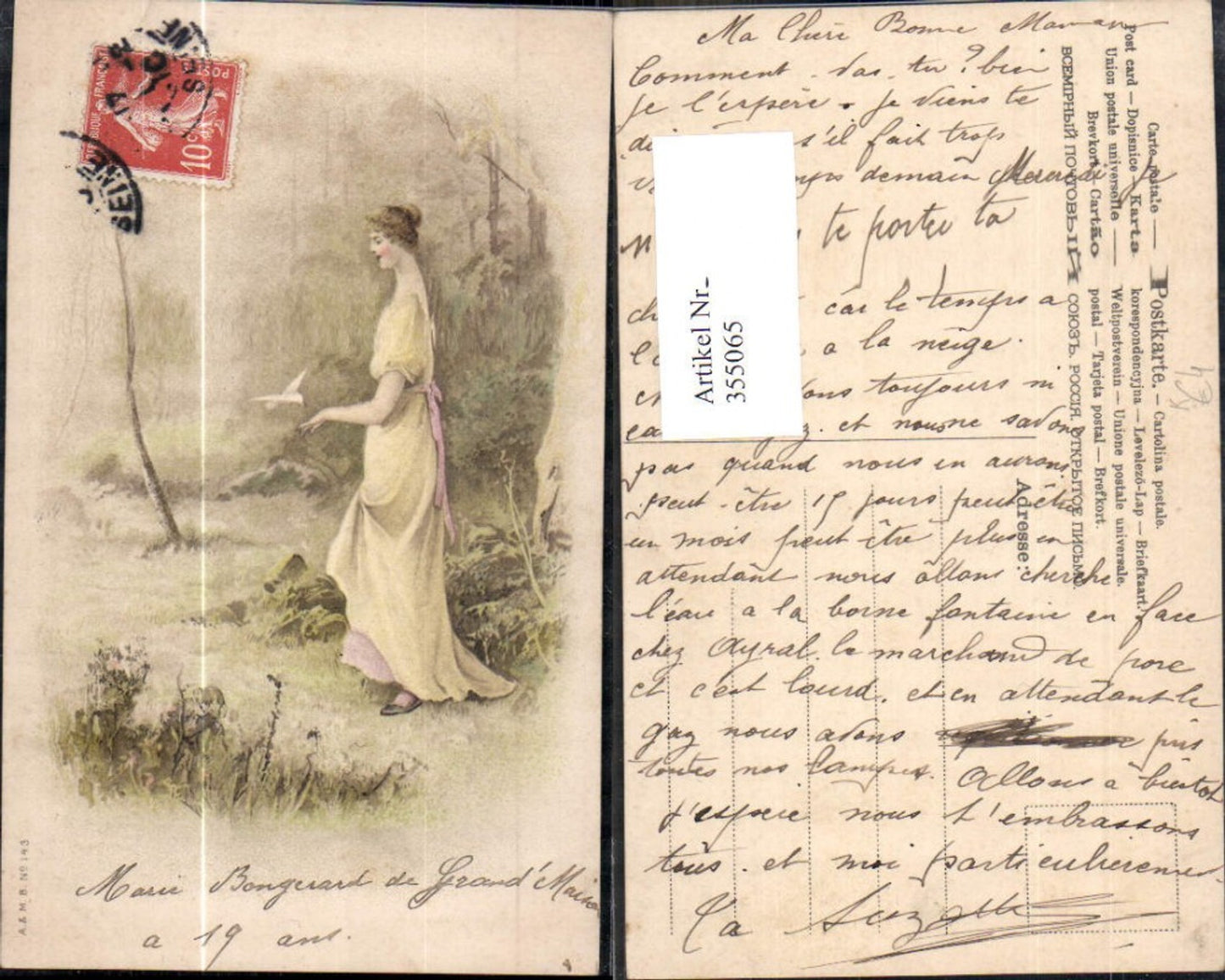355065,Künstler Ak Frau Kleid Taube Landschaft