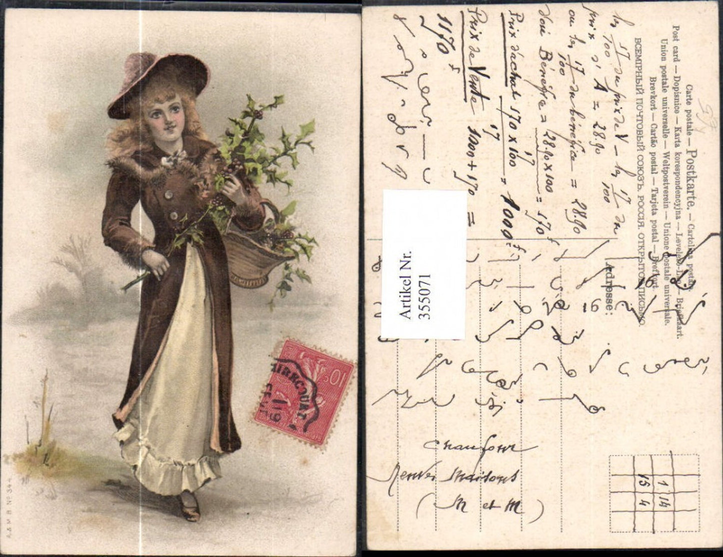 355071, Artist AK Woman Dress Hat Fur Collar a. Coat Holly Branch Basket