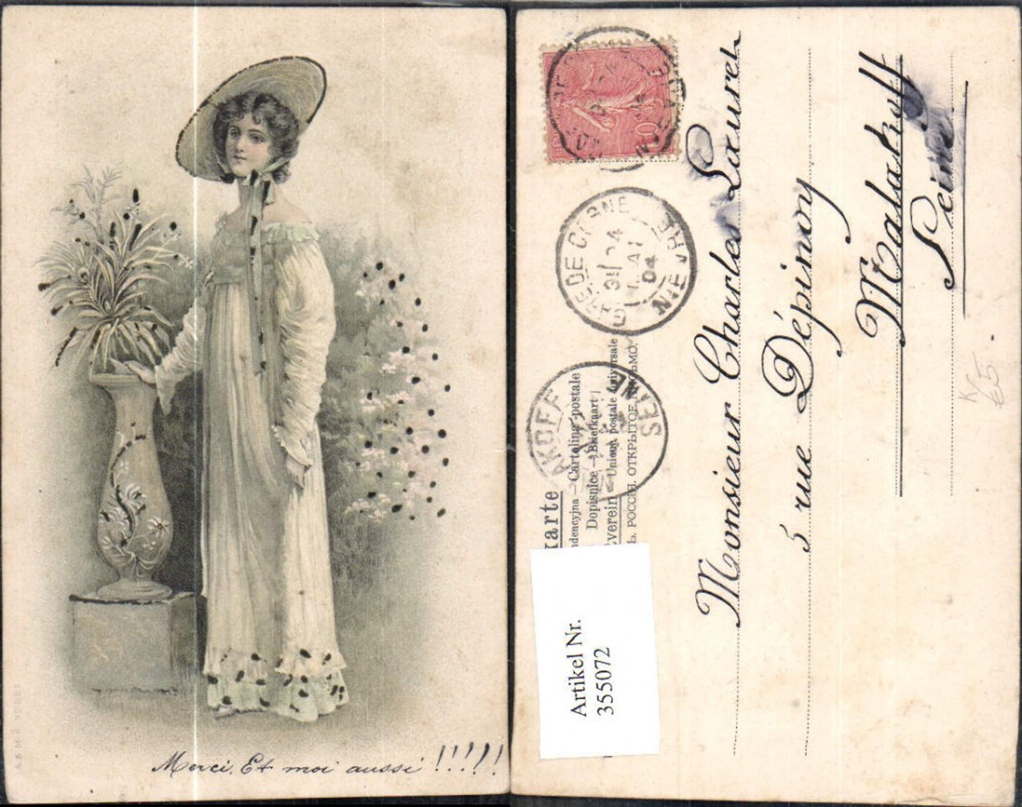355072,Künstler Ak Frau Kleid Hut Hutmode Mode Bodenvase Blumen