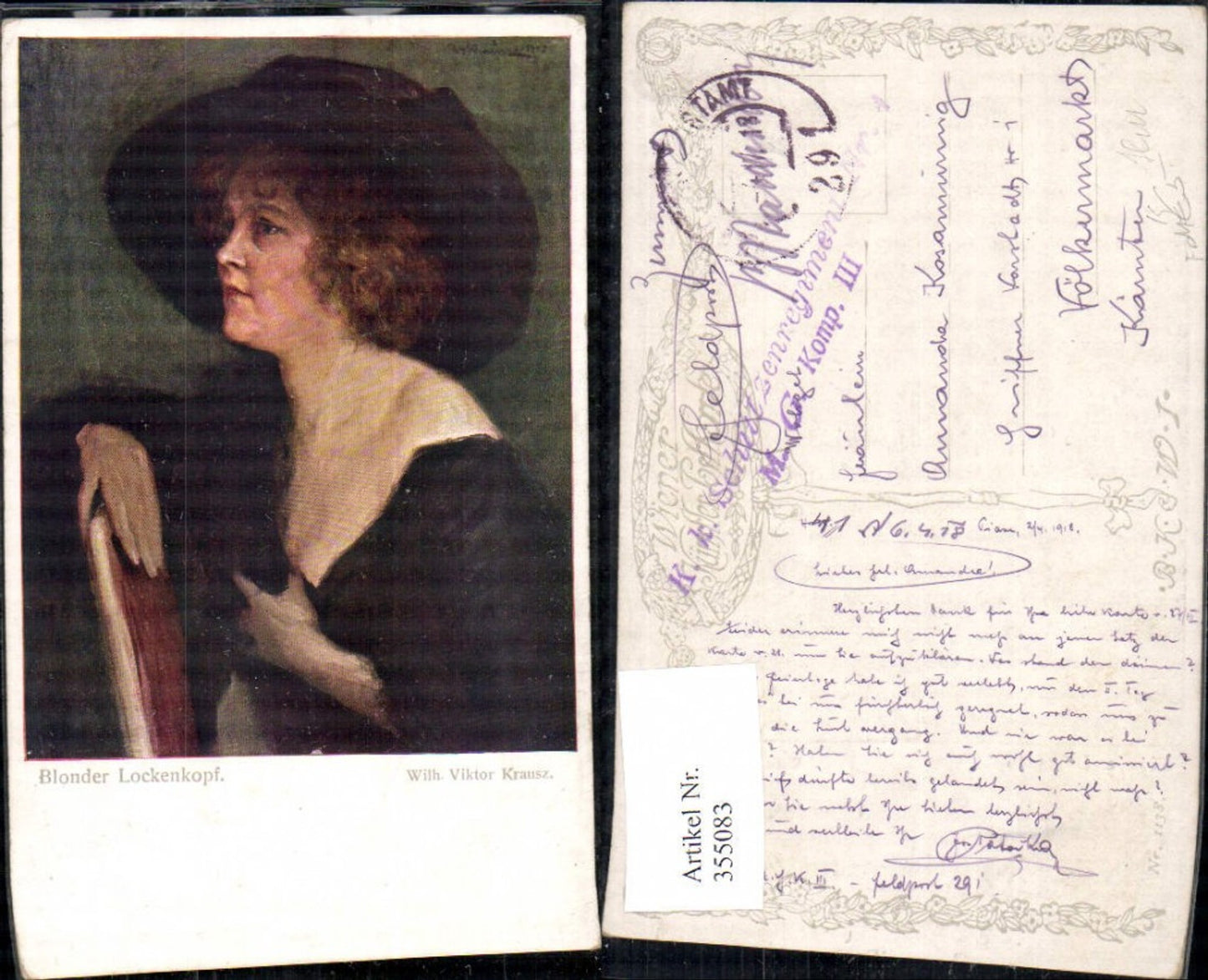 355083,Künstler Ak Wilhelm Viktor Krausz Blonder Lockenkopf Frau Hut Portrait