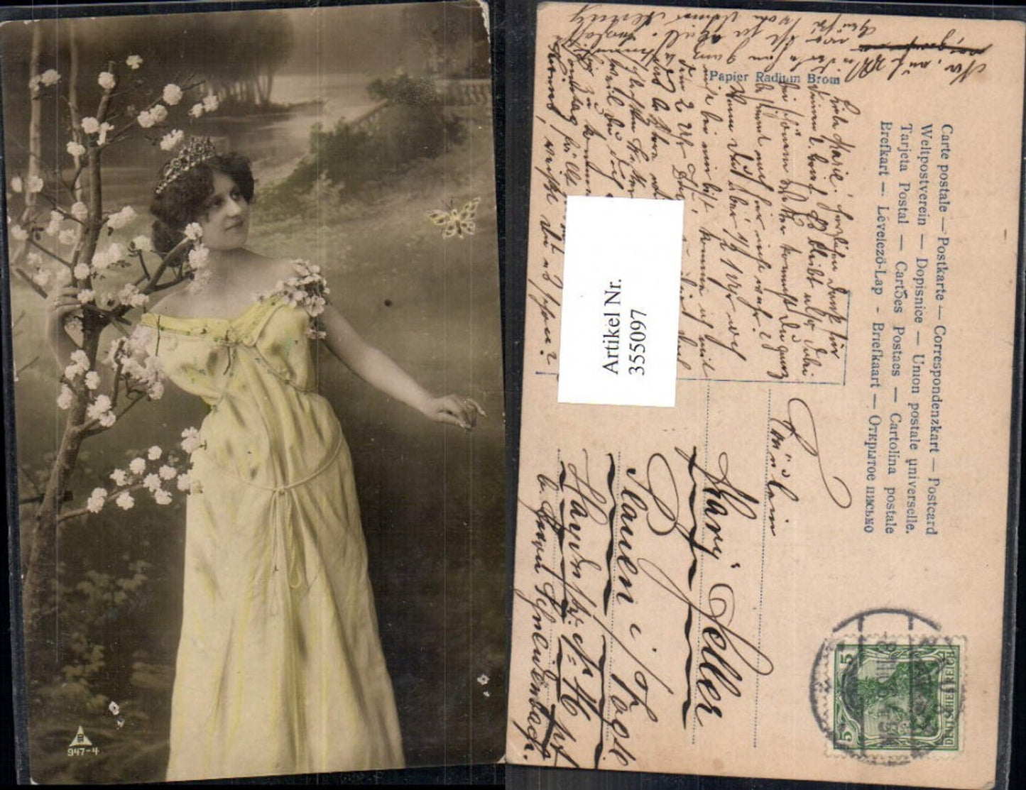 355097,Frau Kleid Diadem Krone Blütenstrauch Schmetterling