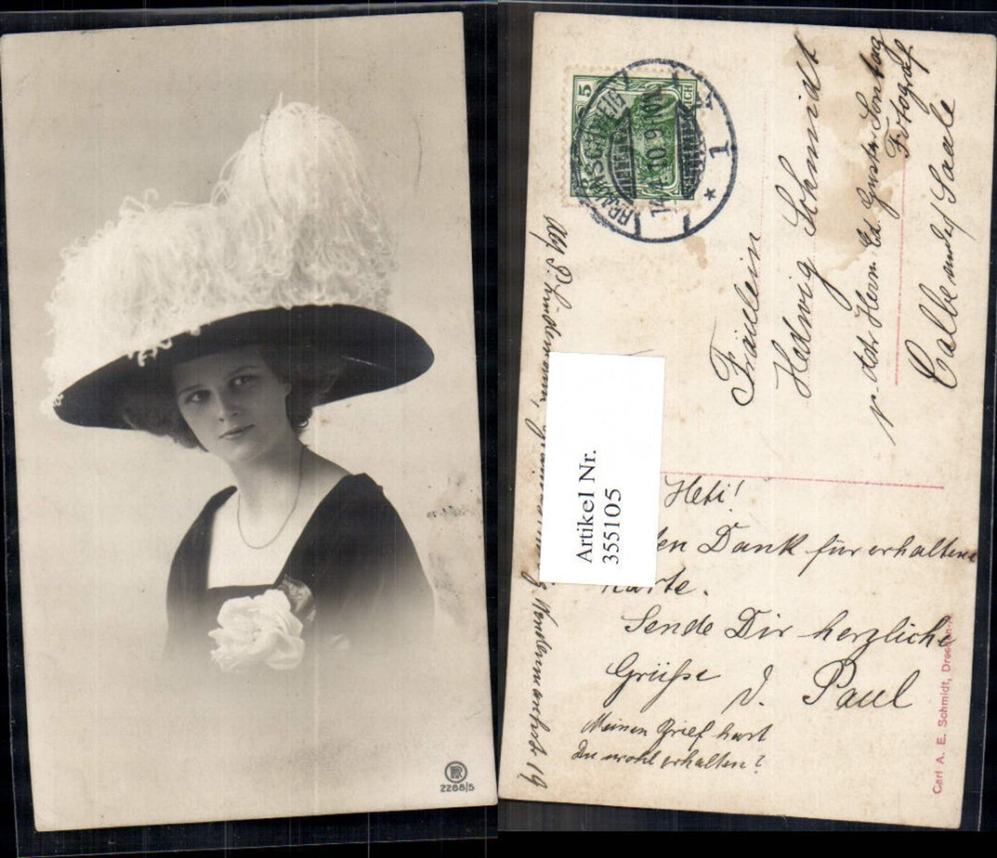 355105,Foto Ak Frau Hut Hutmode Halskette Blume a. Kleid pub RPH 2288/5