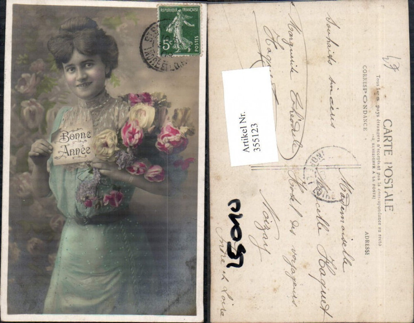 355123,Frau Schild Bonne Annee Rosen Strauß Blumen