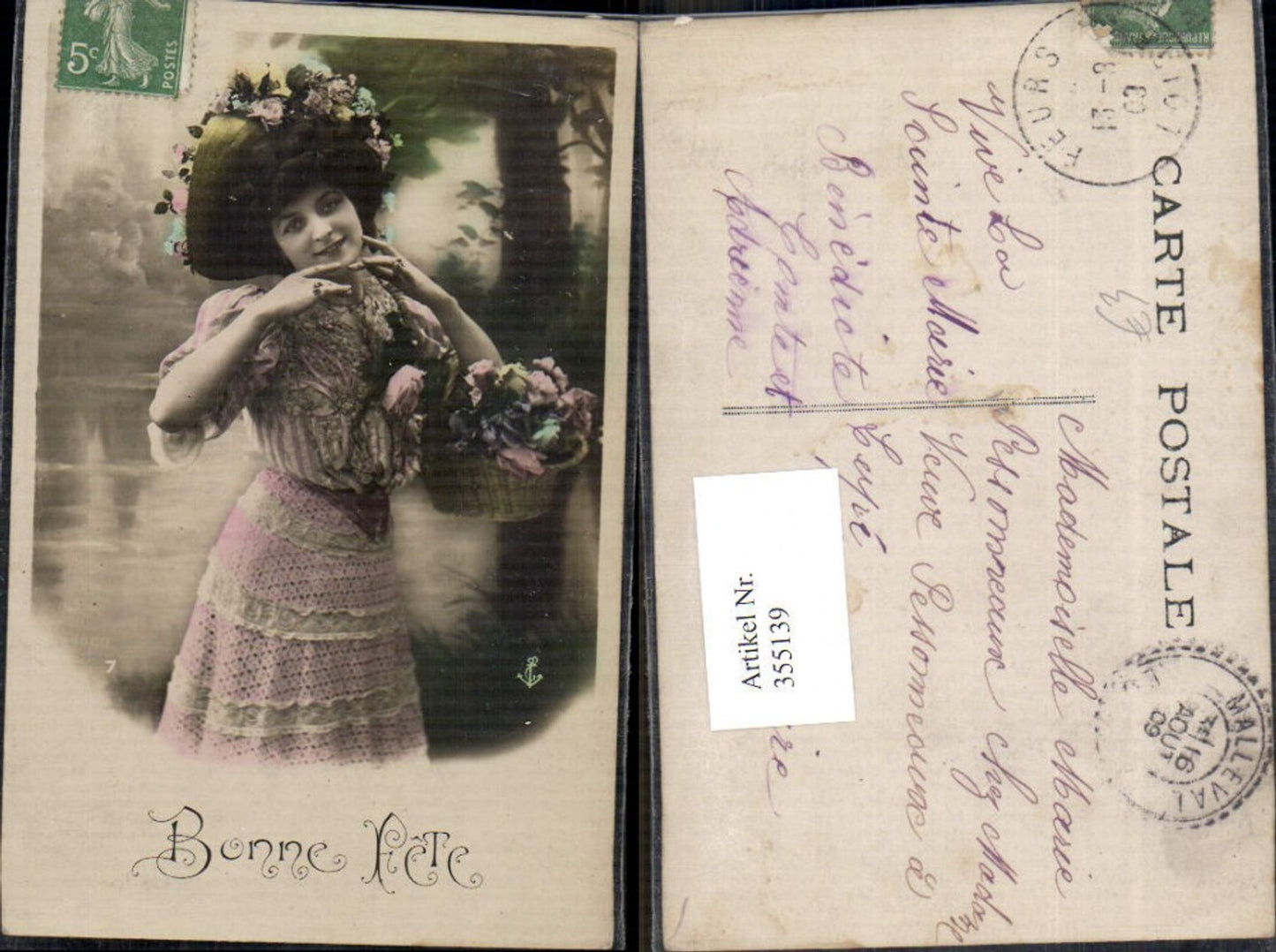 355139,Foto Ak Frau Hut Hutmode Korb Blumen
