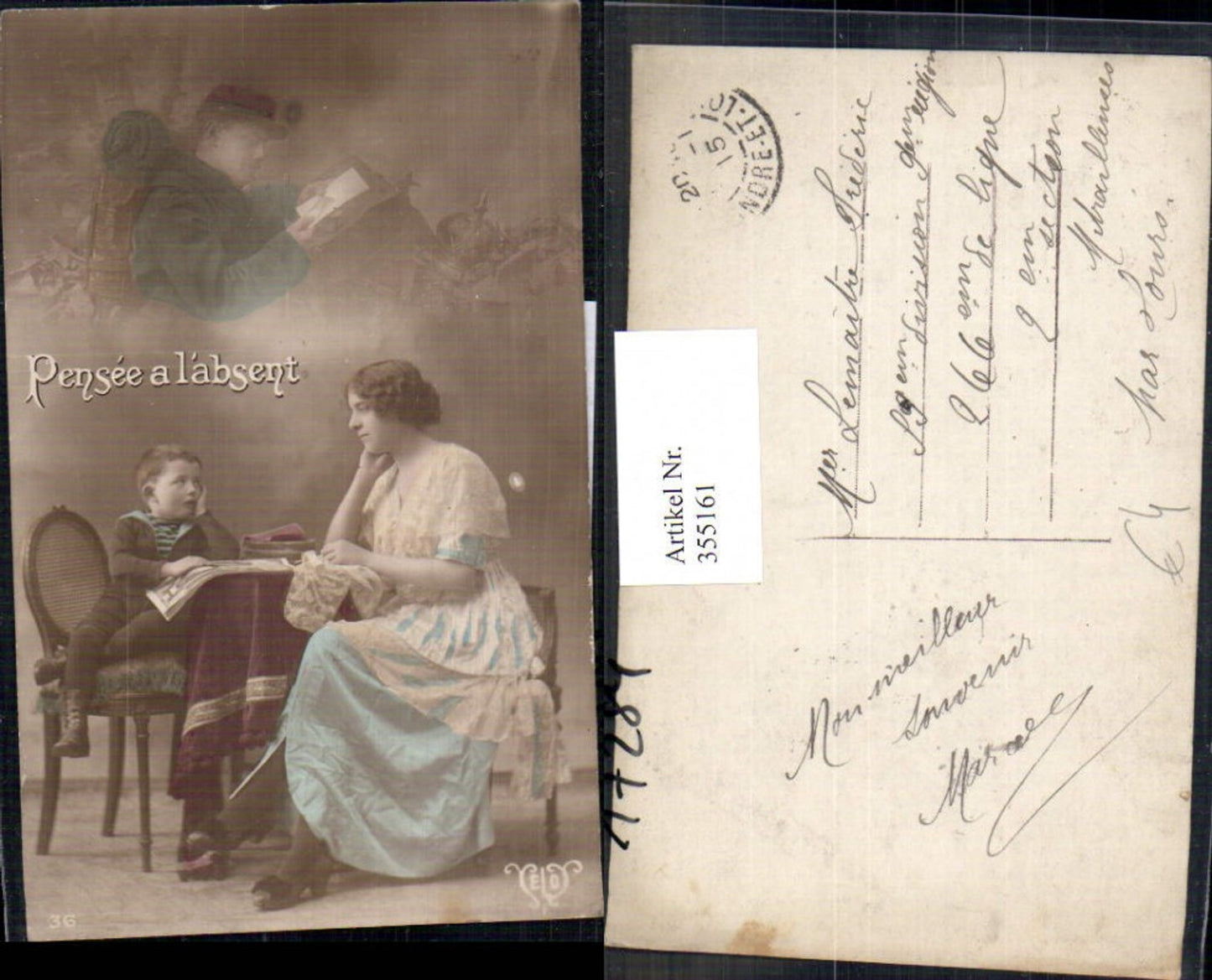 355161,Fotomontage Frau als Mutter Bub Junge Mann Soldat Lesen