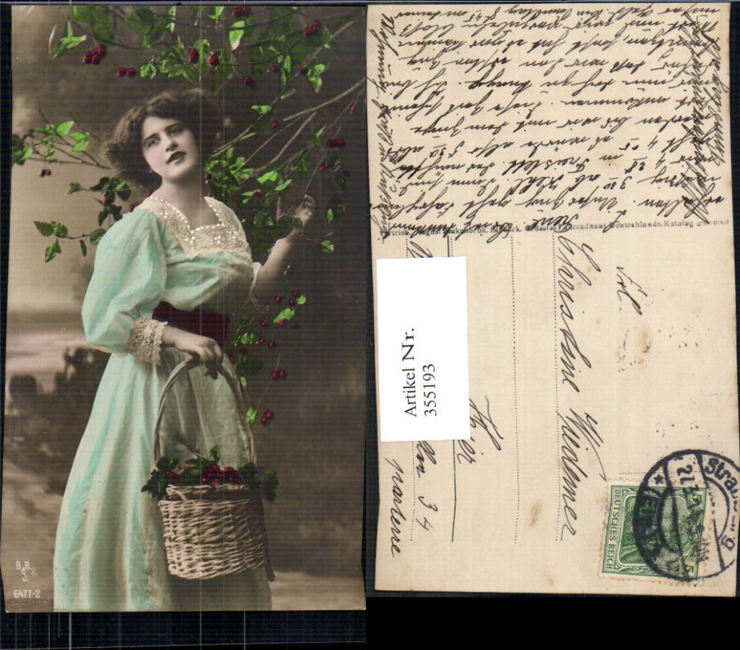 355193,Foto Ak Frau Kleid Korb m. Kirschen Früchte