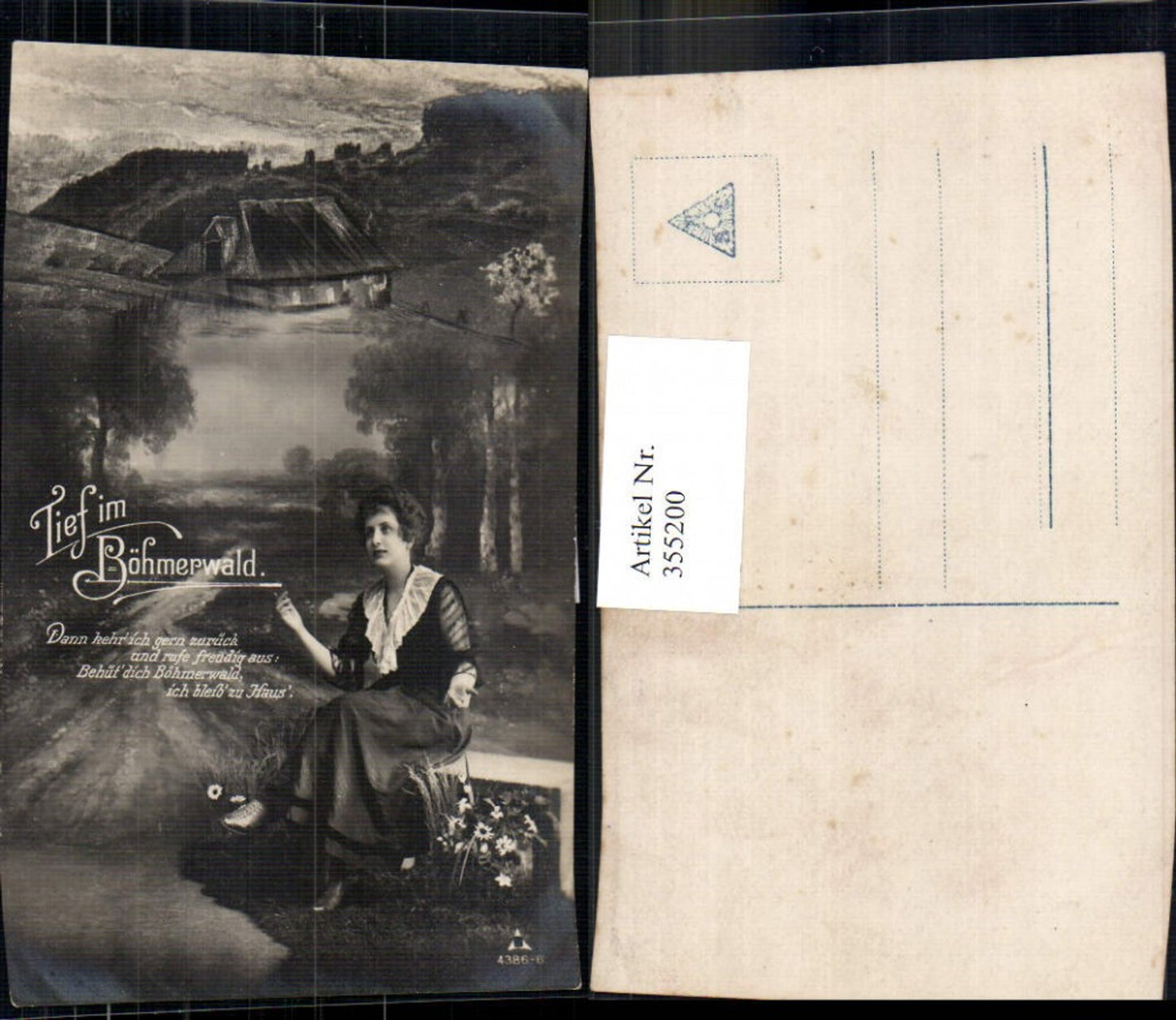 355200,Fotomontage Frau a. Bank Bauernhaus Böhmerwald Spruch