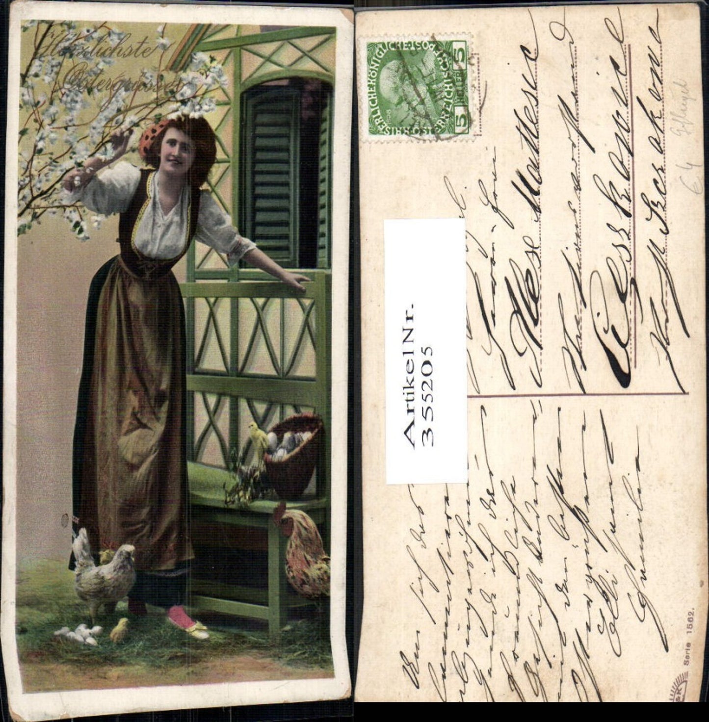 355205,Frau Tracht Hühner Eier Korb Blütenstrauch Fenster Ostern Geflügel