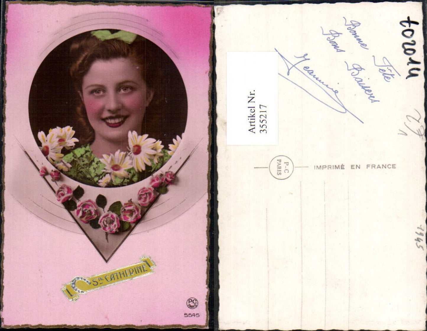 355217,Foto Ak Frau Haarschleife Passepartout Blumen Rosen Ste Catherine pub P. C. Paris 5545