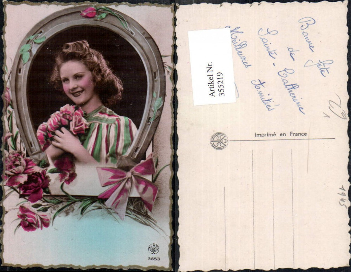 355219, Photo Ak Woman Horseshoe Carnations Flowers Passepartout pub A. Noyer 3653