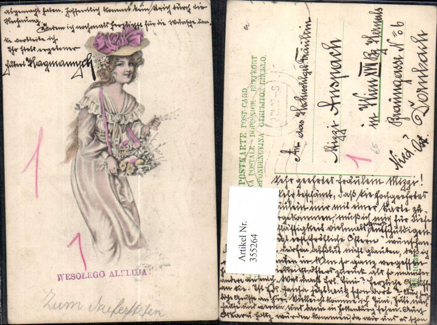 355264,Künstler Ak Frau Hut Mode Blumen Korb Eier Ostereier