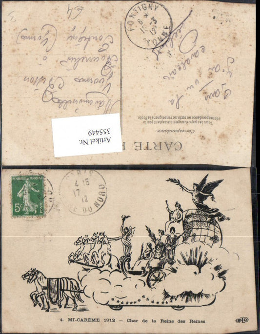 355449,Künstler Ak Mi-Careme 1912 Char de la Reine des Reines Kutsche Globus