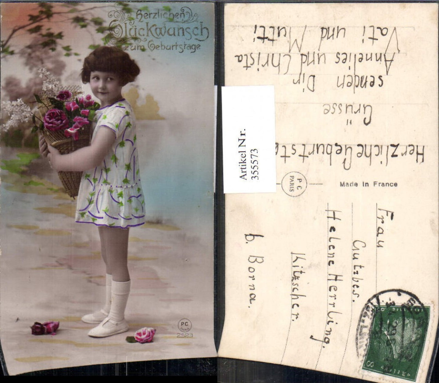 355573,Kind Mädchen Kleid Korb m. Rosen Blumen Geburtstag pub P. C. Paris 2523