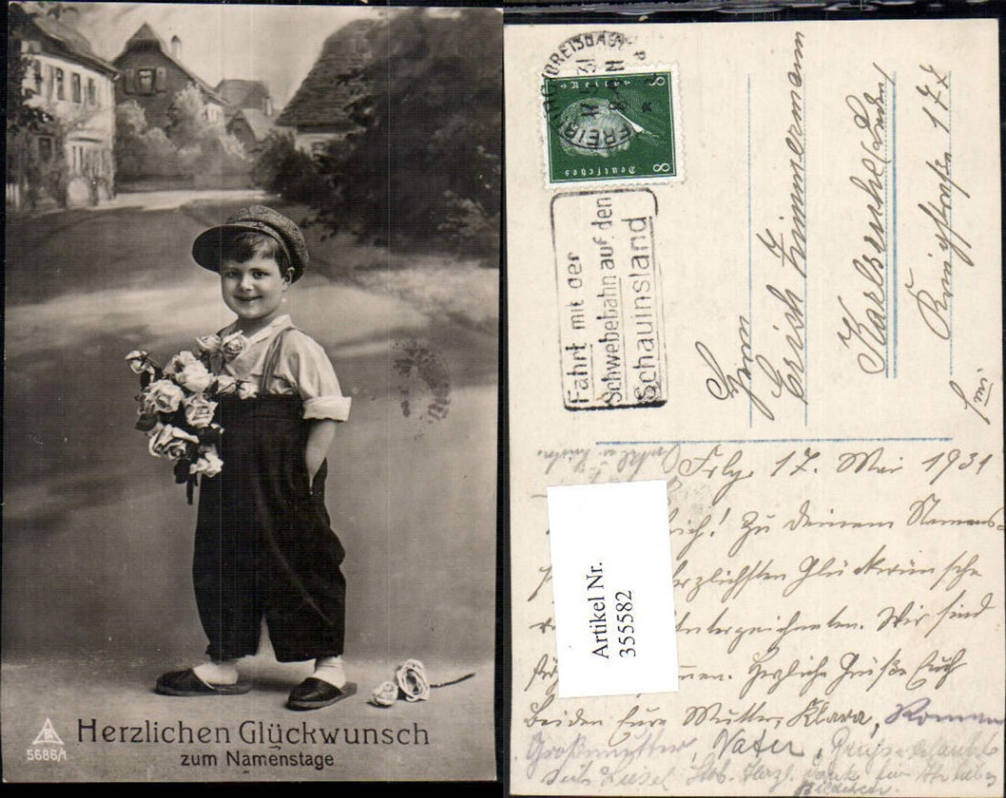355582,Foto Ak Kind Bub Junge Hut Kappe Rosen Strauß Blumen Namenstag